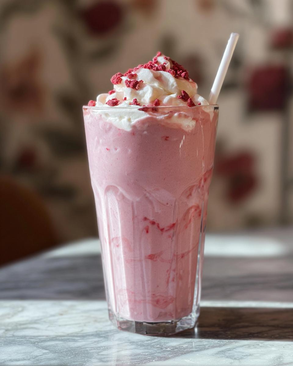 A tall glass of pink raspberry drink topped with whipped cream and freeze-dried raspberries, a straw is inserted.
