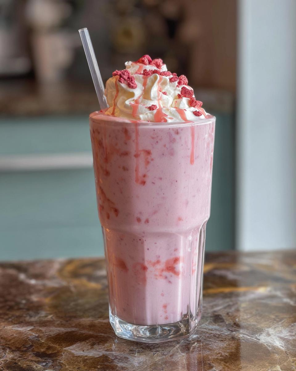 A tall glass of pink strawberry milkshake topped with whipped cream, strawberry drizzle, and freeze-dried strawberries. A straw is inserted.