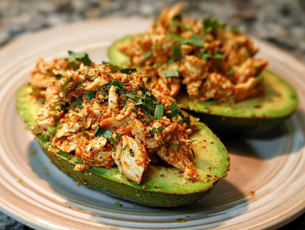 Two halves of avocado stuffed with a flavorful chicken salad mixture, sprinkled with herbs. A quick and healthy sandwich idea.