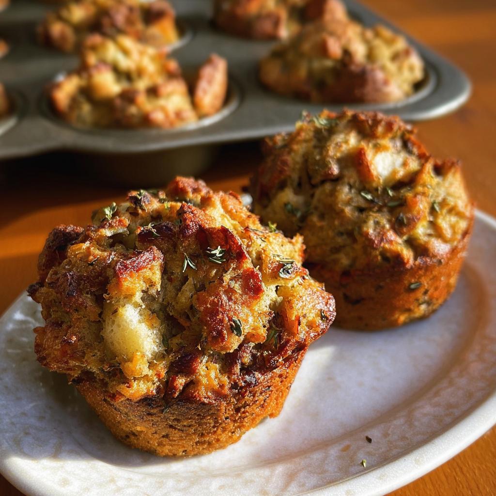 Two golden-brown stuffing muffins topped with fresh herbs, served on a white plate, with a muffin tin of more stuffing in the background.