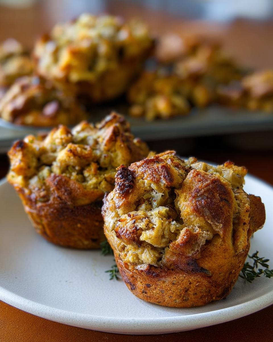 Two golden-brown stuffing muffins on a plate, part of The Ultimate Stuffing Recipes Guide for Beginners.