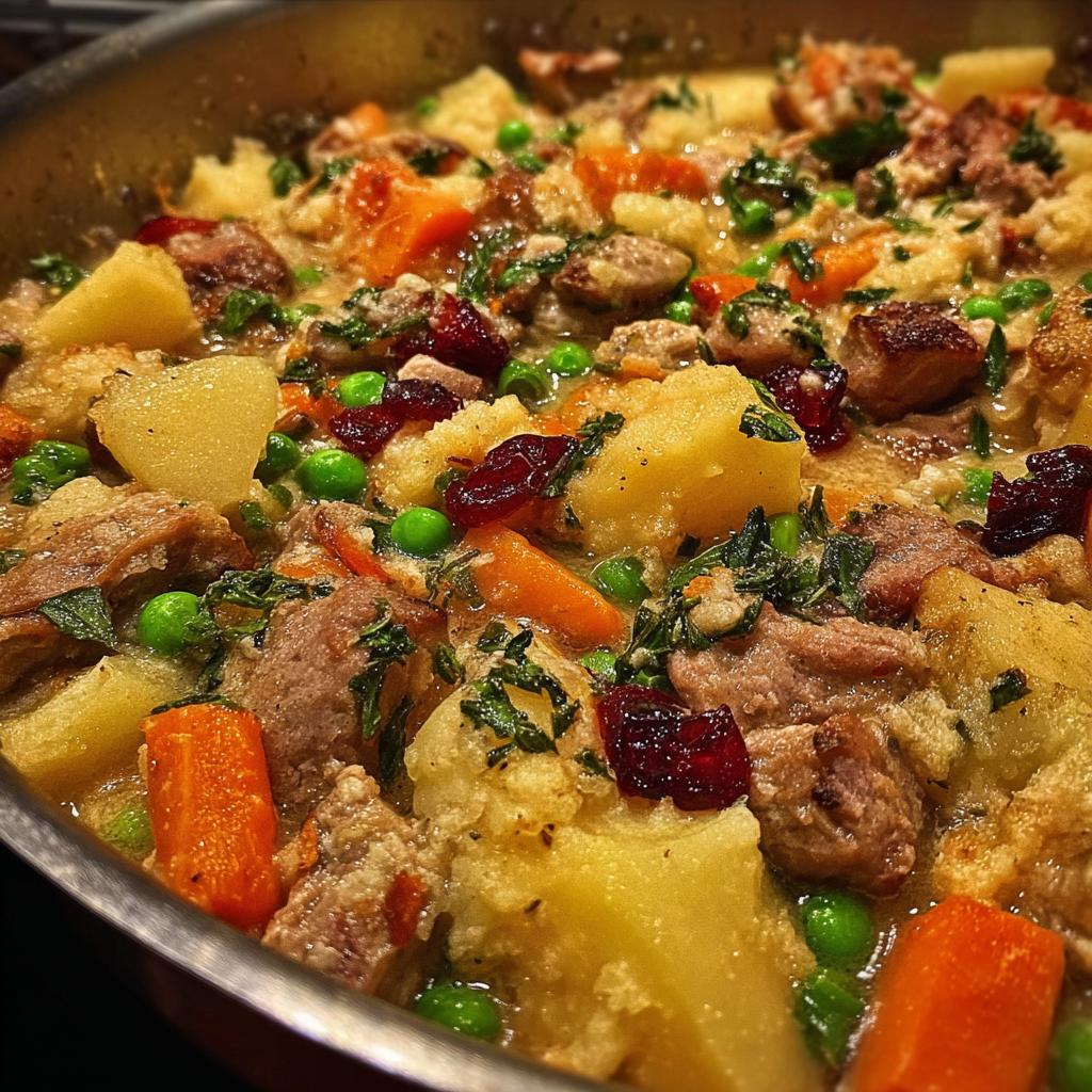 Close-up of a delicious stuffing recipe with chunks of meat, potatoes, carrots, peas, and cranberries.