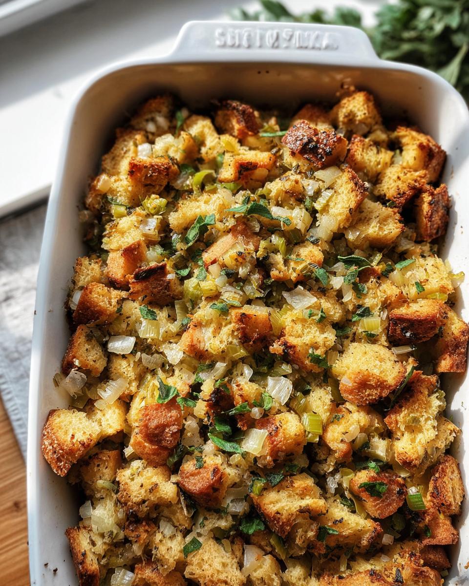 Close-up of a freshly baked stuffing recipe in a white ceramic baking dish, topped with herbs.