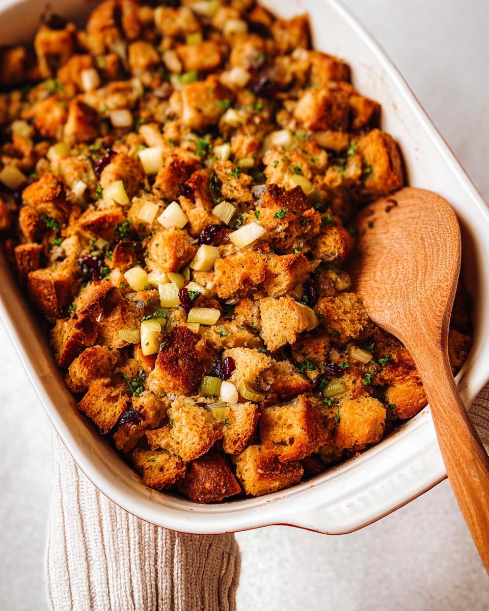 A close-up of a festive stuffing recipe baked in a white dish, featuring cubes of bread, celery, and cranberries, with a wooden spoon.