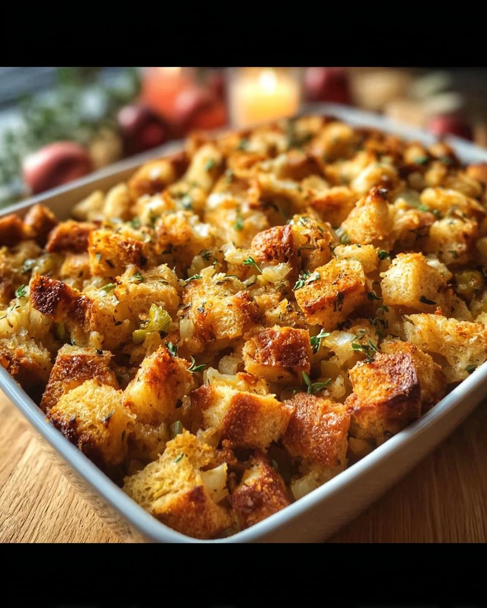 A close-up of a homemade stuffing recipe, featuring golden-brown bread cubes and herbs in a white baking dish.