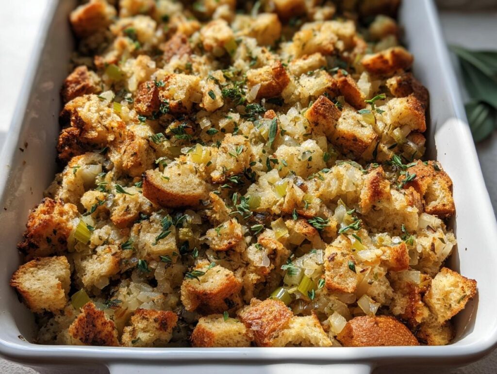 Close-up of a white baking dish filled with homemade stuffing, featuring toasted bread cubes, celery, and herbs.