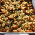 Close-up of a white baking dish filled with homemade stuffing, featuring toasted bread cubes, celery, and herbs.