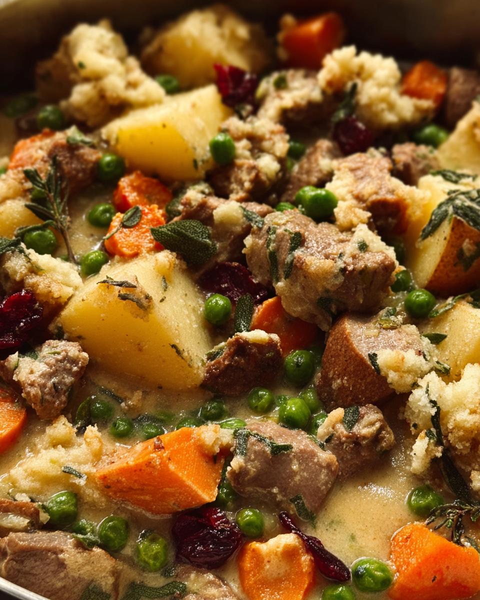 Close-up of a comforting stuffing recipe with tender meat, potatoes, carrots, peas, and cranberries.