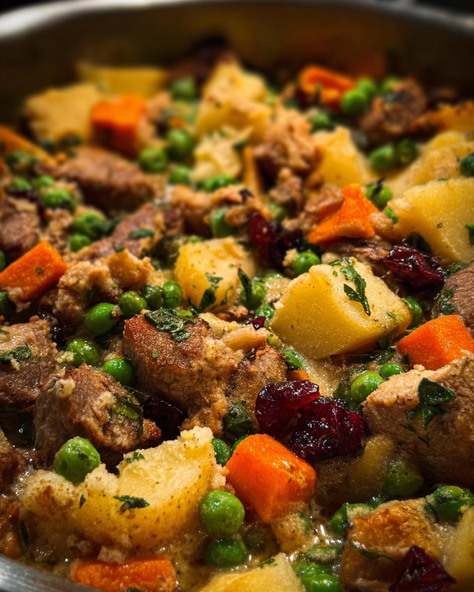 Close-up of a hearty stuffing recipe with chunks of meat, potatoes, carrots, peas, and dried cranberries.