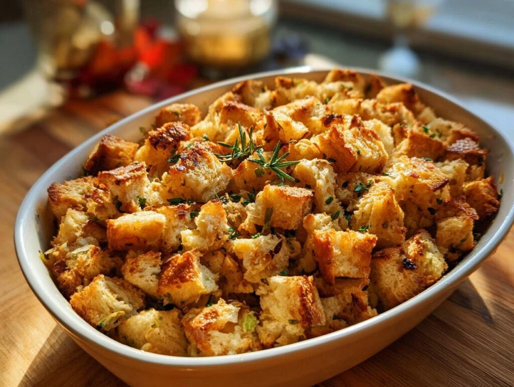 Close-up of a baking dish filled with golden brown stuffing, garnished with fresh herbs.