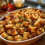 Close-up of a baking dish filled with golden brown stuffing, garnished with fresh herbs.
