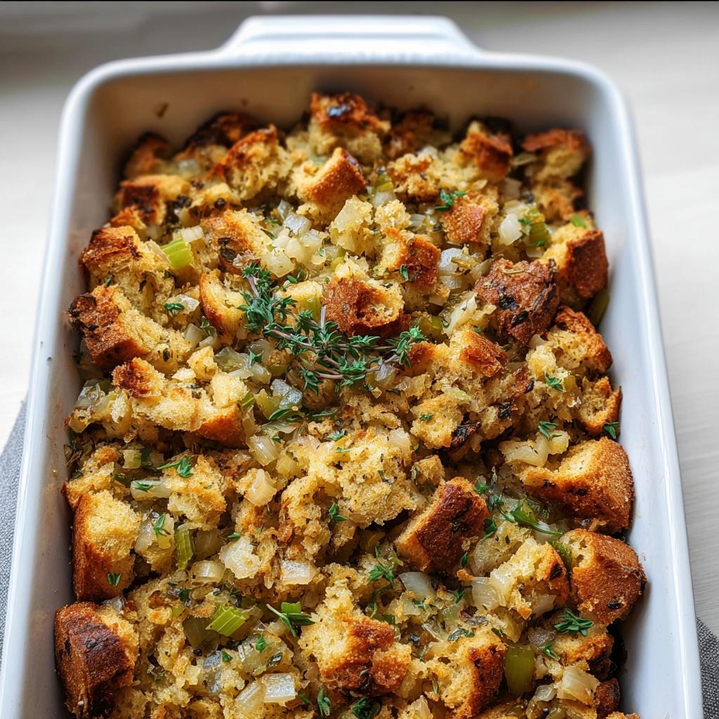 Close-up of a baking dish filled with savory stuffing, featuring toasted bread cubes, onions, celery, and fresh herbs.