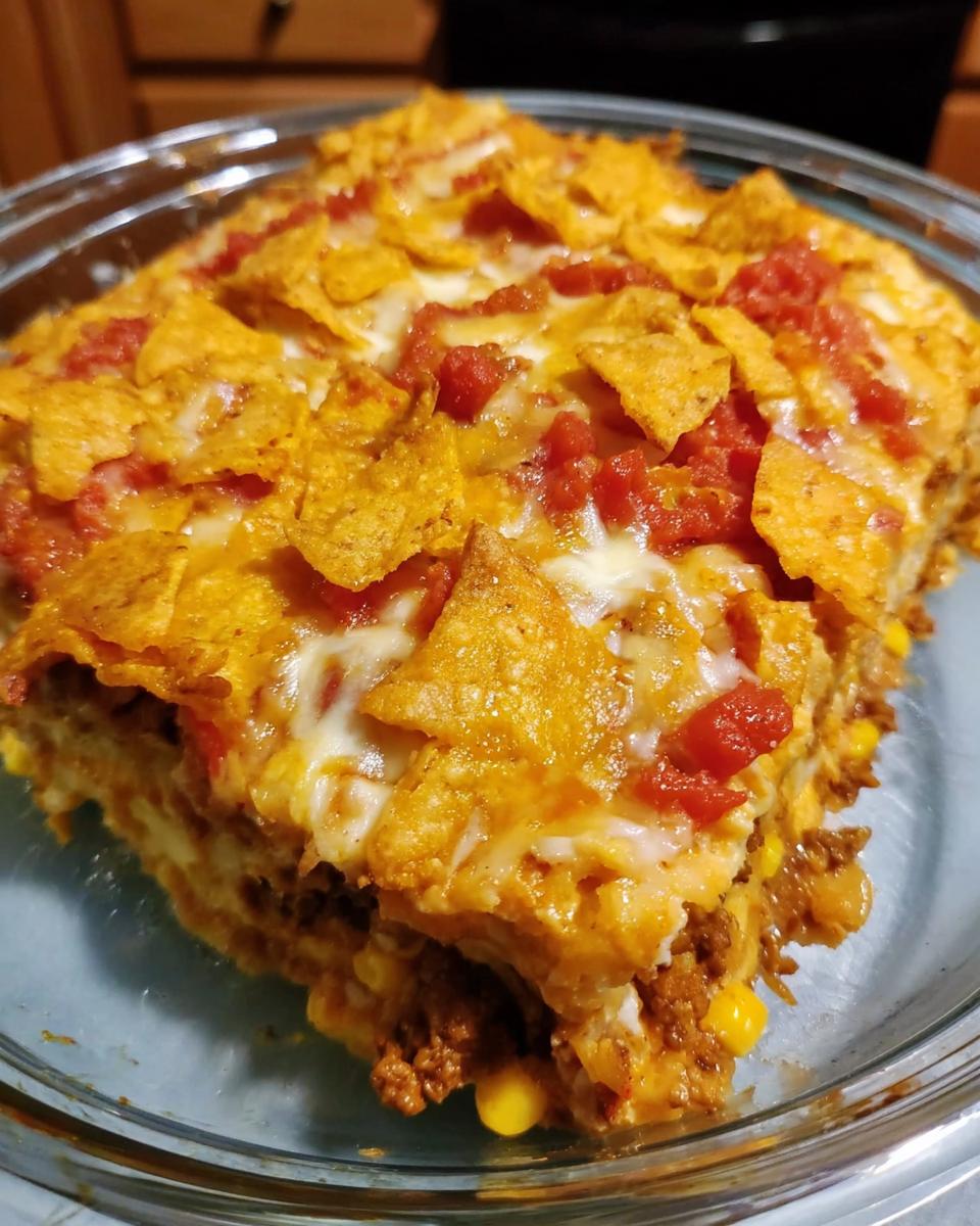 A slice of delicious Taco Tuesday casserole with layers of ground meat, corn, cheese, and crushed tortilla chips.