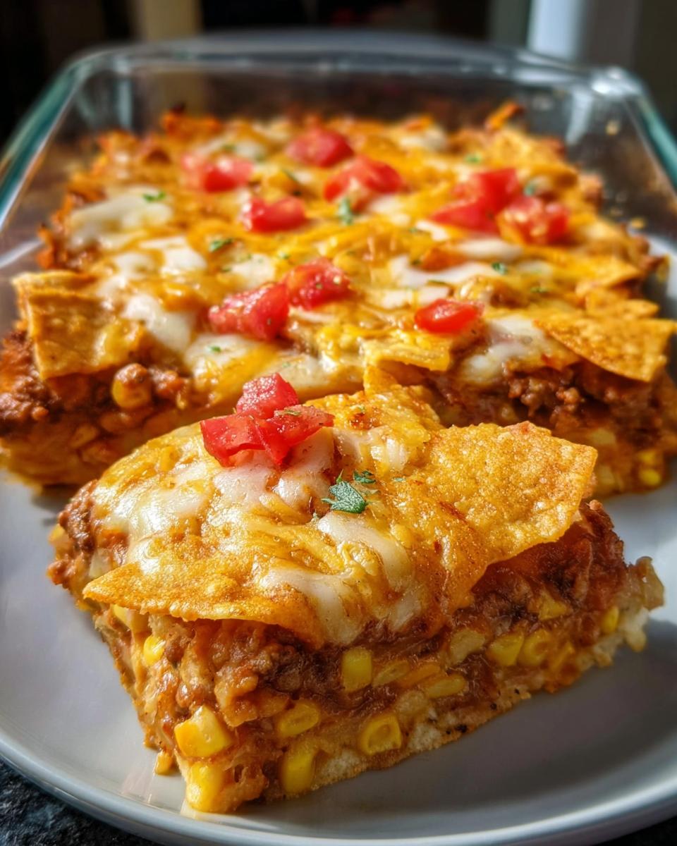 A slice of cheesy Taco Tuesday casserole with corn, ground meat, and tortilla chips, topped with diced tomatoes.
