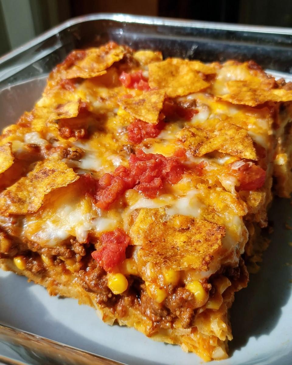 A slice of guilt-free Taco Tuesday casserole, featuring layers of seasoned ground beef, corn, melted cheese, and crushed tortilla chips.