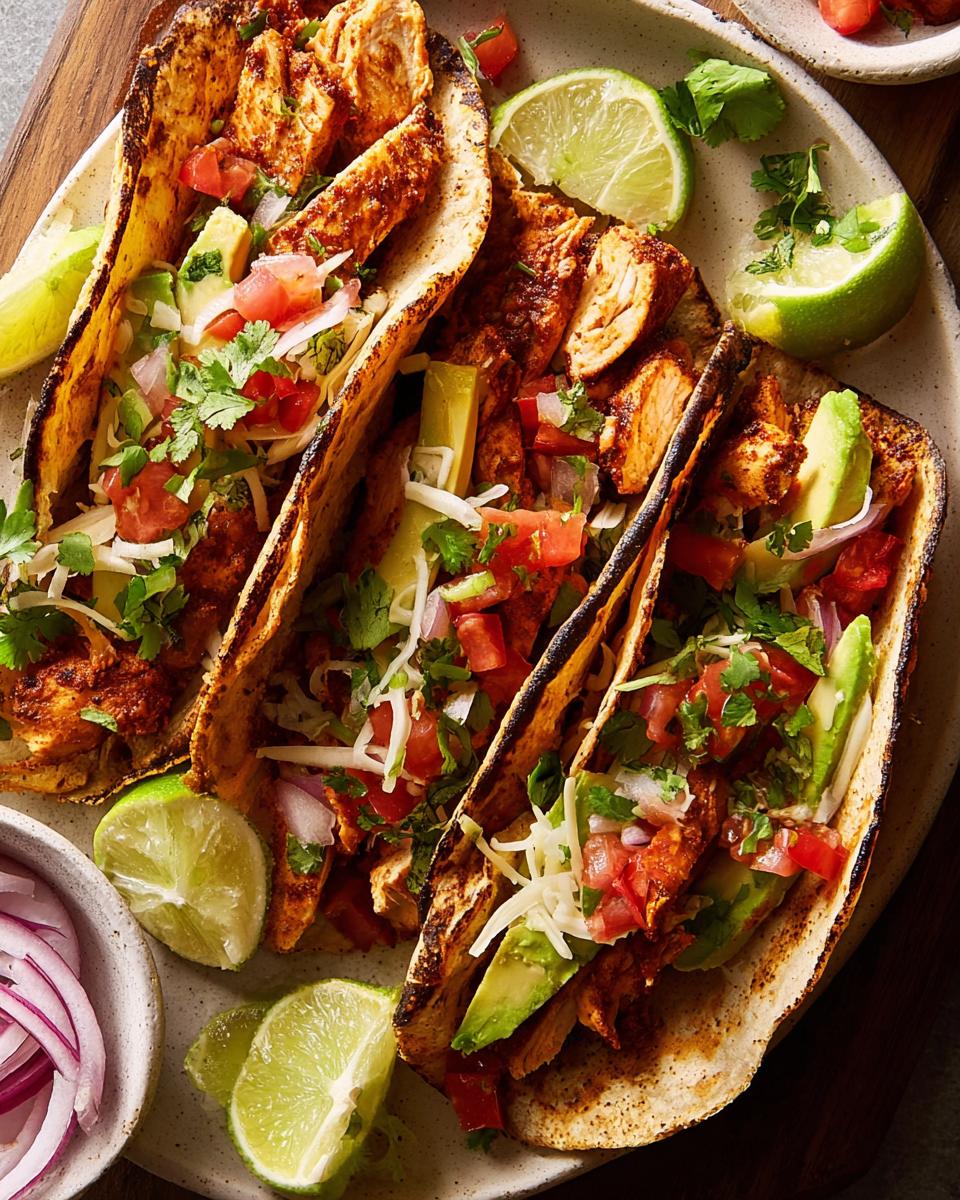 Three loaded chicken tacos for Taco Tuesday meal prep, with avocado, tomato, cilantro, and lime wedges.