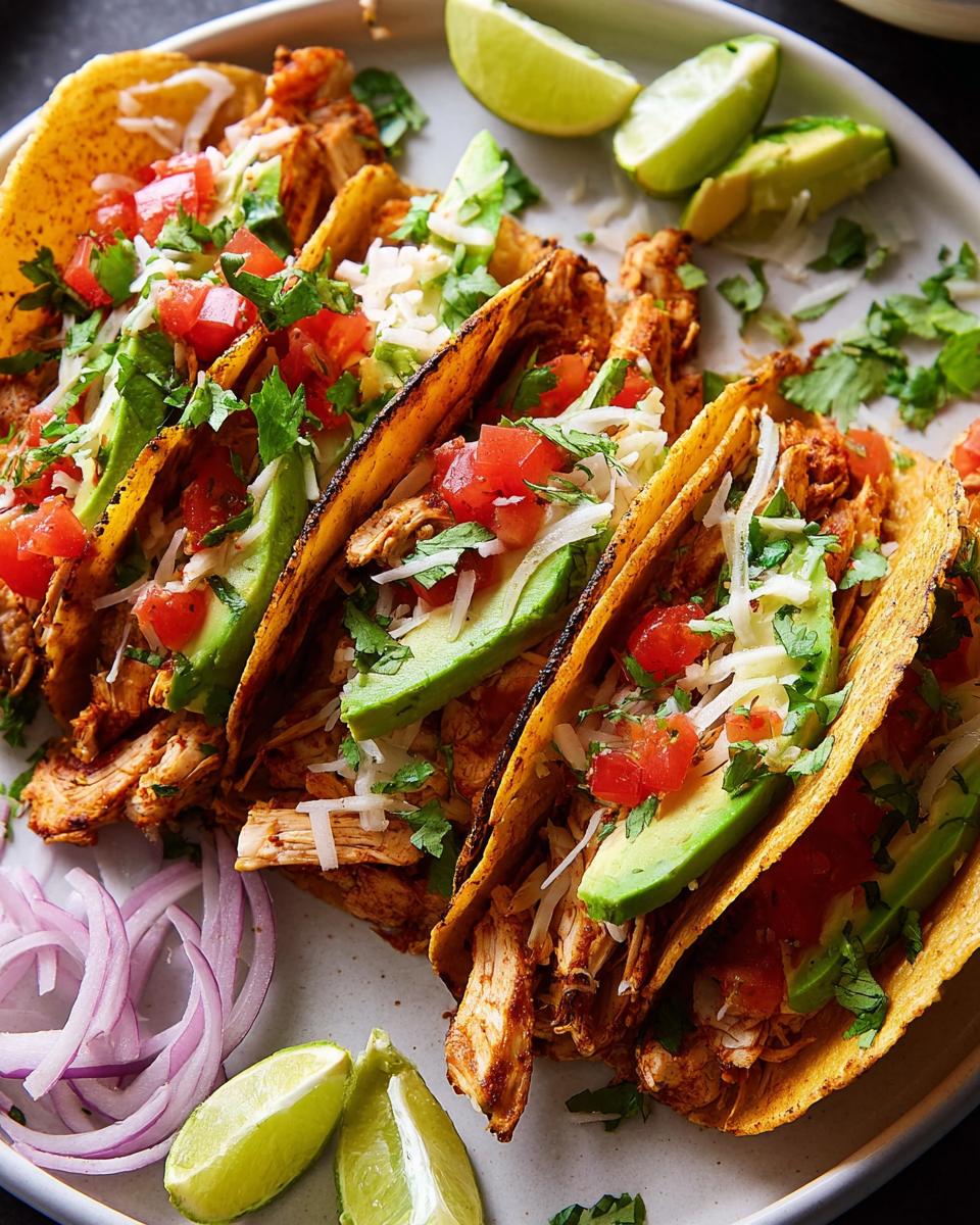 A plate of delicious chicken tacos filled with shredded chicken, avocado, tomatoes, cheese, and cilantro, perfect for Taco Tuesday meal prep.