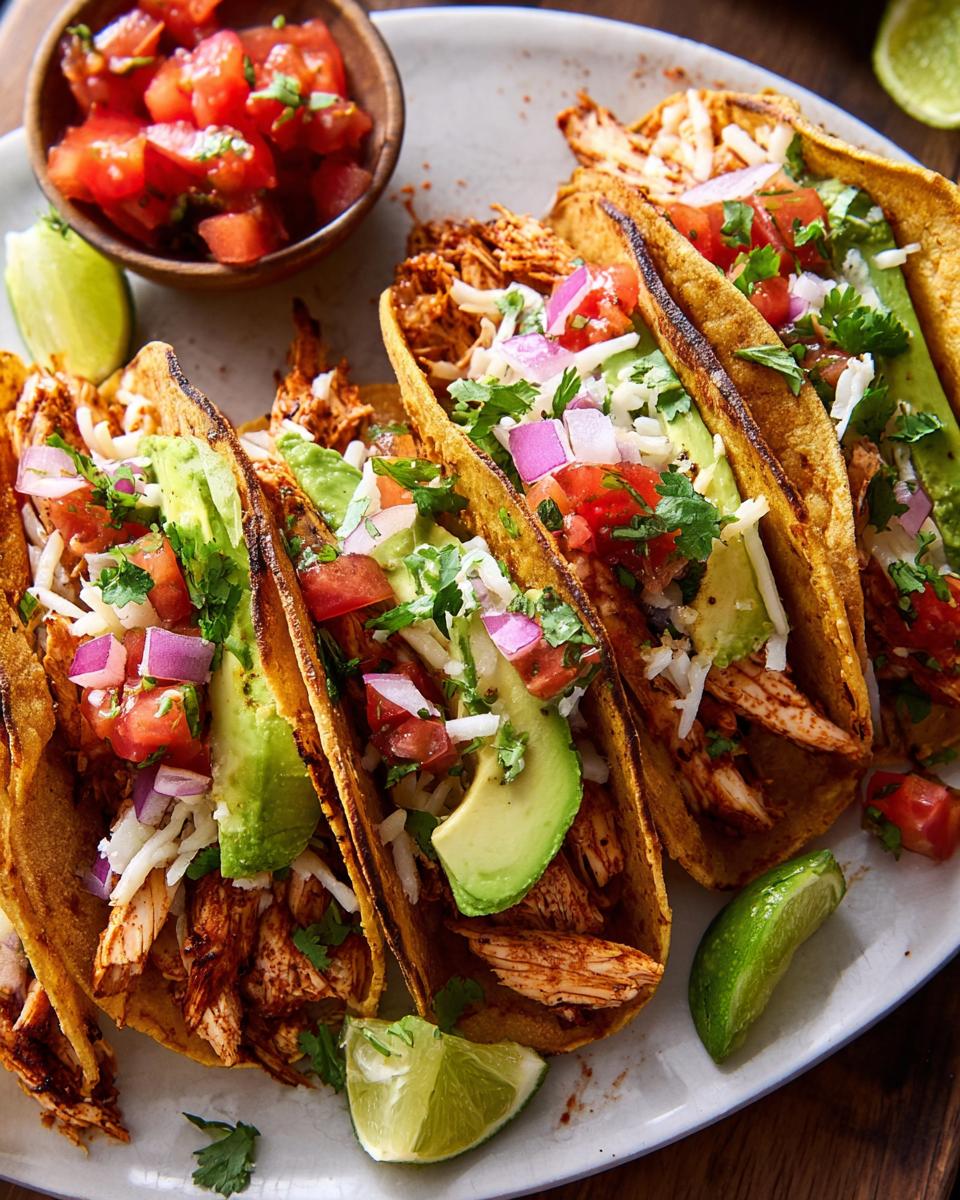 A plate of delicious chicken tacos for Taco Tuesday Recipes, filled with shredded chicken, avocado, pico de gallo, and cheese.