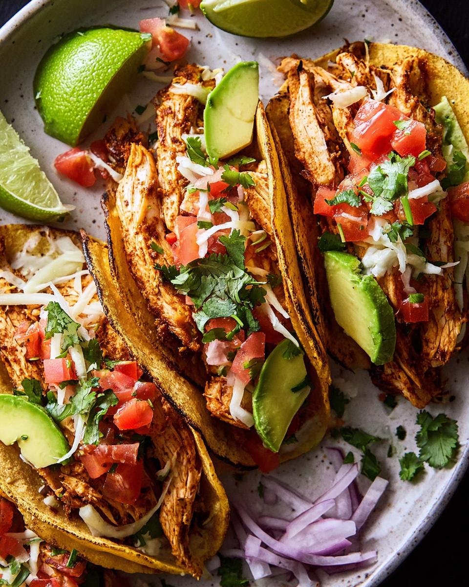 Three flavorful chicken tacos filled with shredded chicken, avocado, tomato, and cilantro, perfect for Taco Tuesday meal prep.