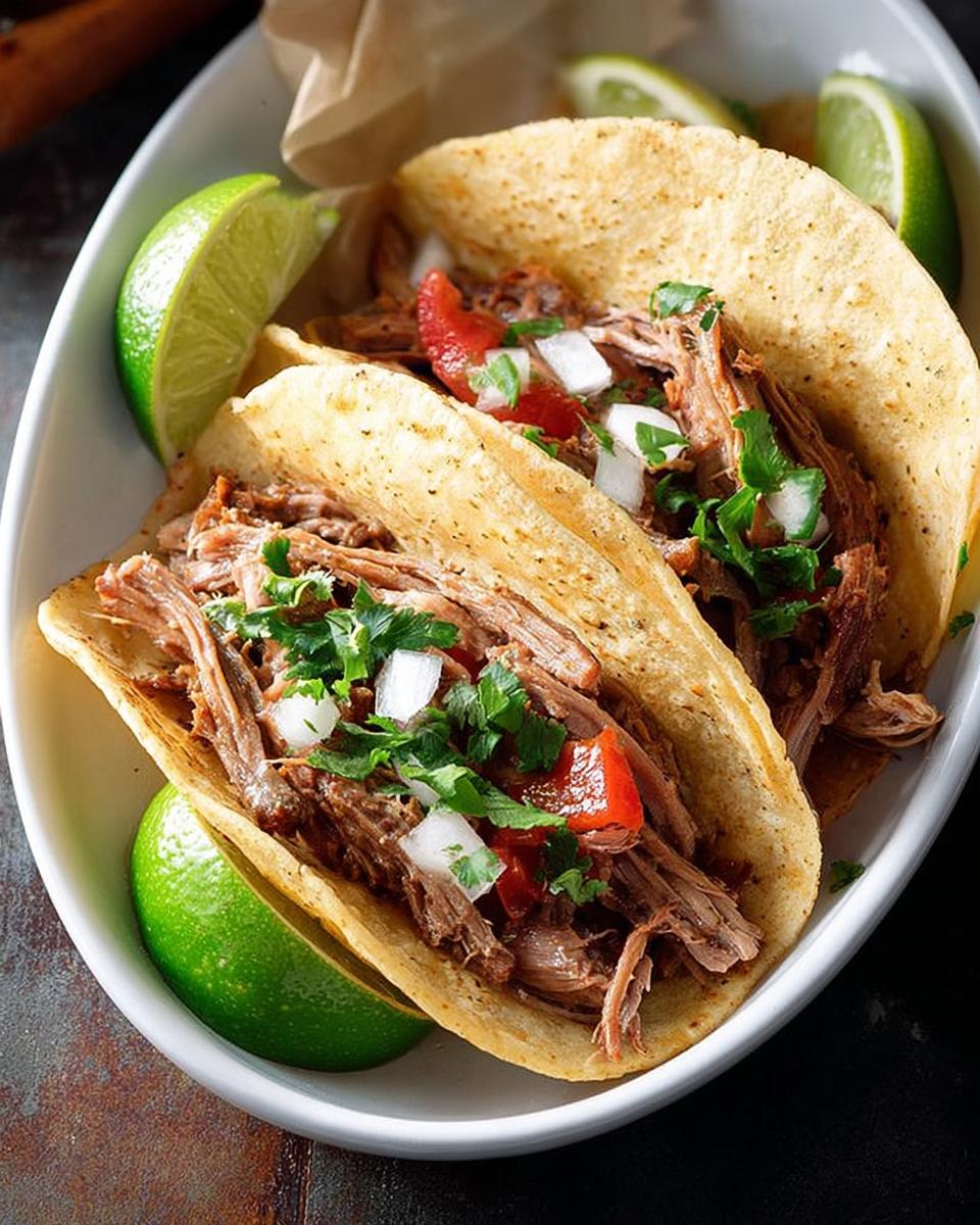 Close-up of two delicious tacos filled with shredded meat, cilantro, onion, and tomato, served with lime wedges for Taco Tuesday.