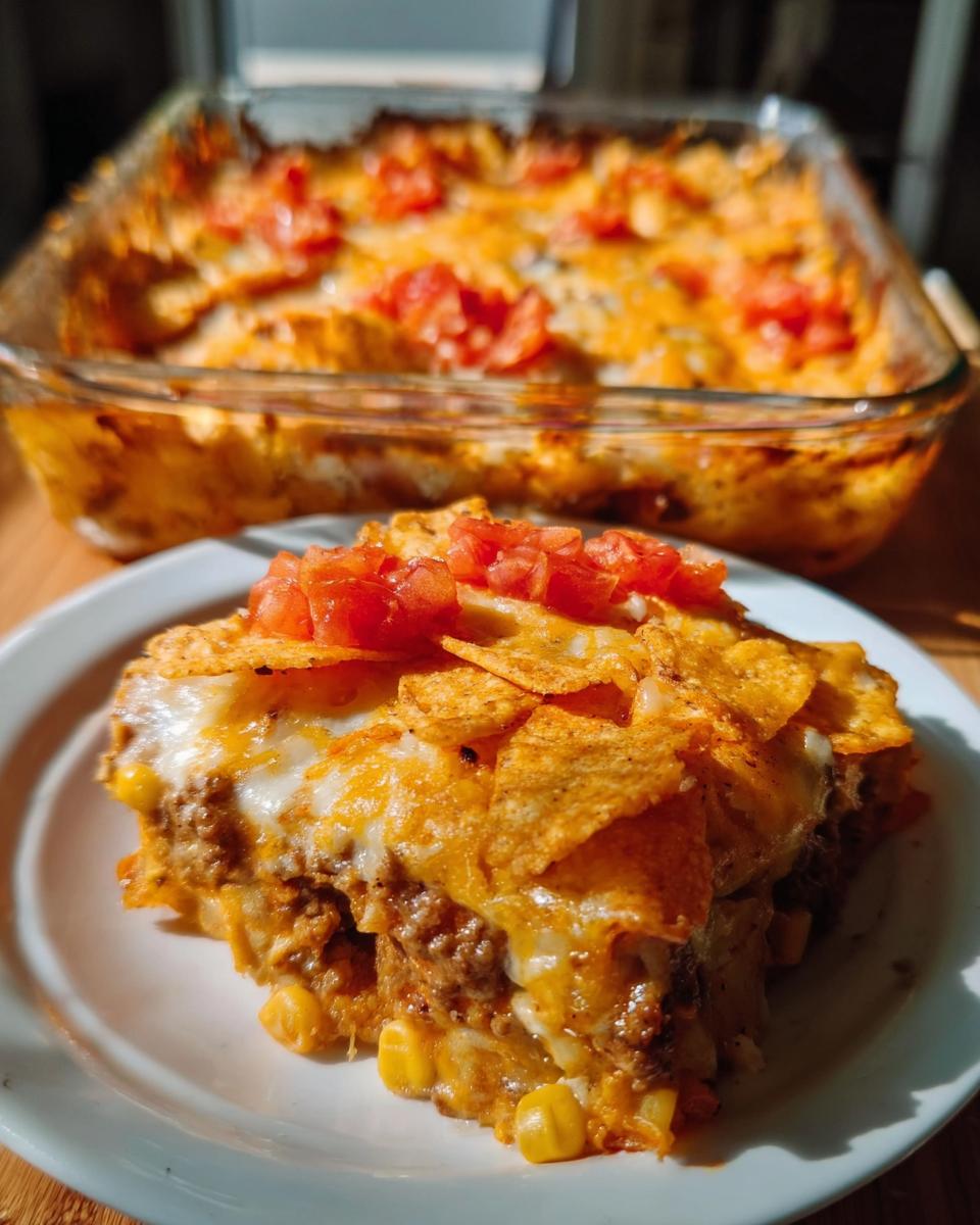 A slice of a cheesy taco Tuesday recipe casserole topped with crushed tortilla chips and diced tomatoes.