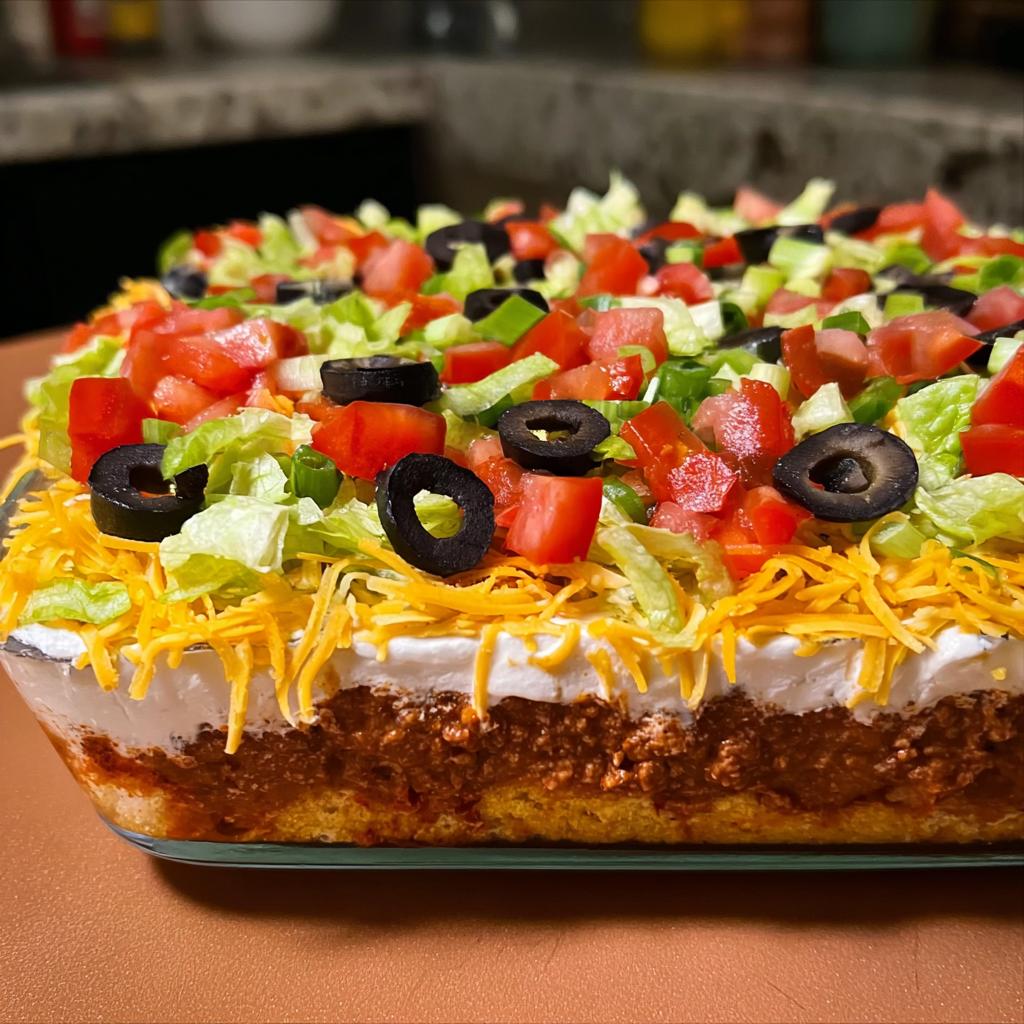 A delicious layered taco casserole, perfect for Taco Tuesday recipes, topped with lettuce, tomatoes, olives, and cheese.