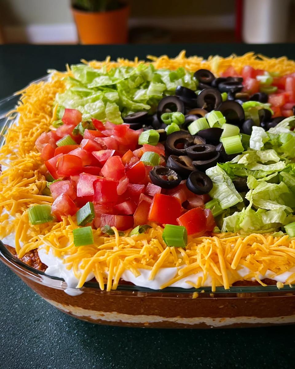 Close-up of a layered taco dip with shredded cheese, lettuce, tomatoes, olives, and green onions, perfect for Taco Tuesday recipes.