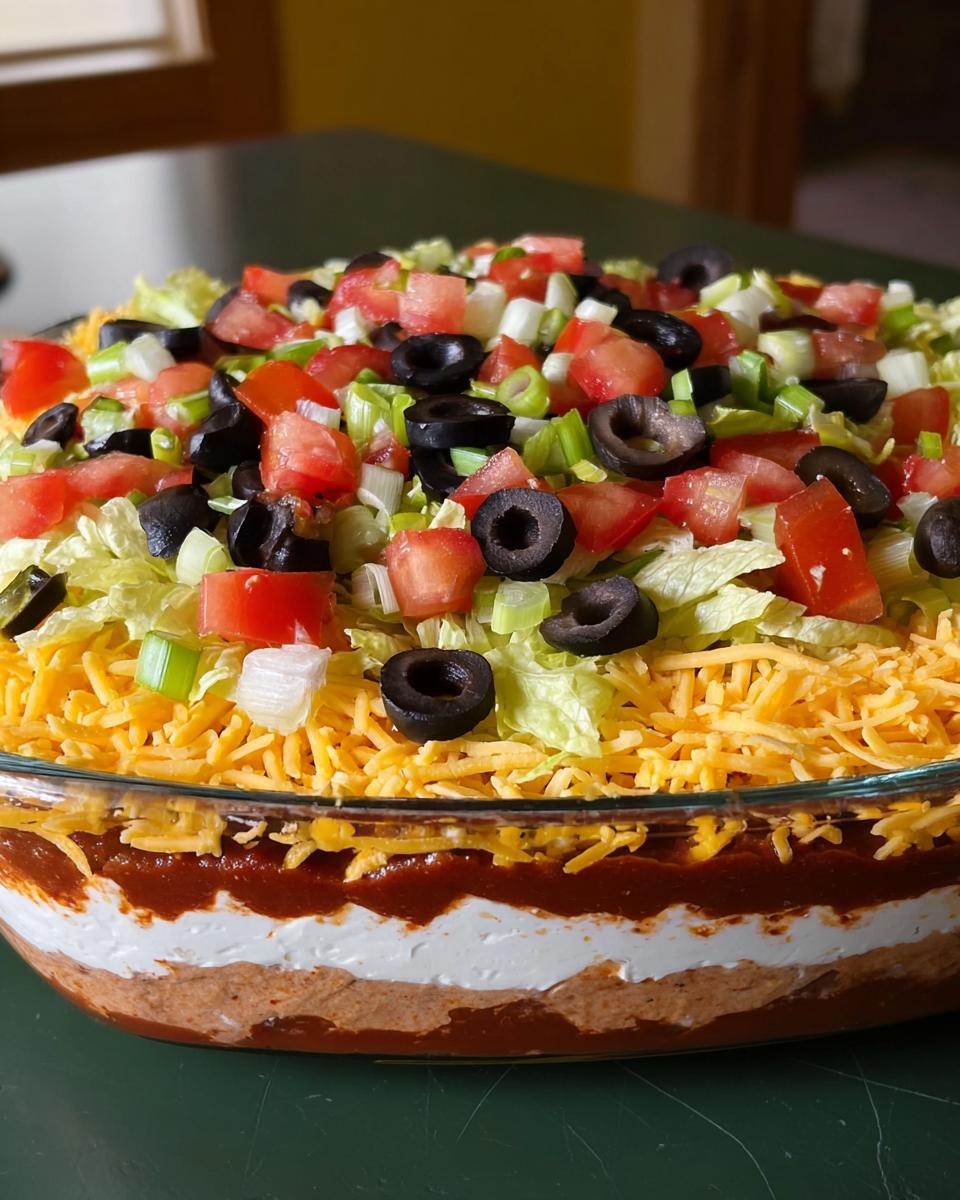 A delicious layered taco dip, perfect for Taco Tuesday Recipes, topped with lettuce, cheese, tomatoes, olives, and green onions.