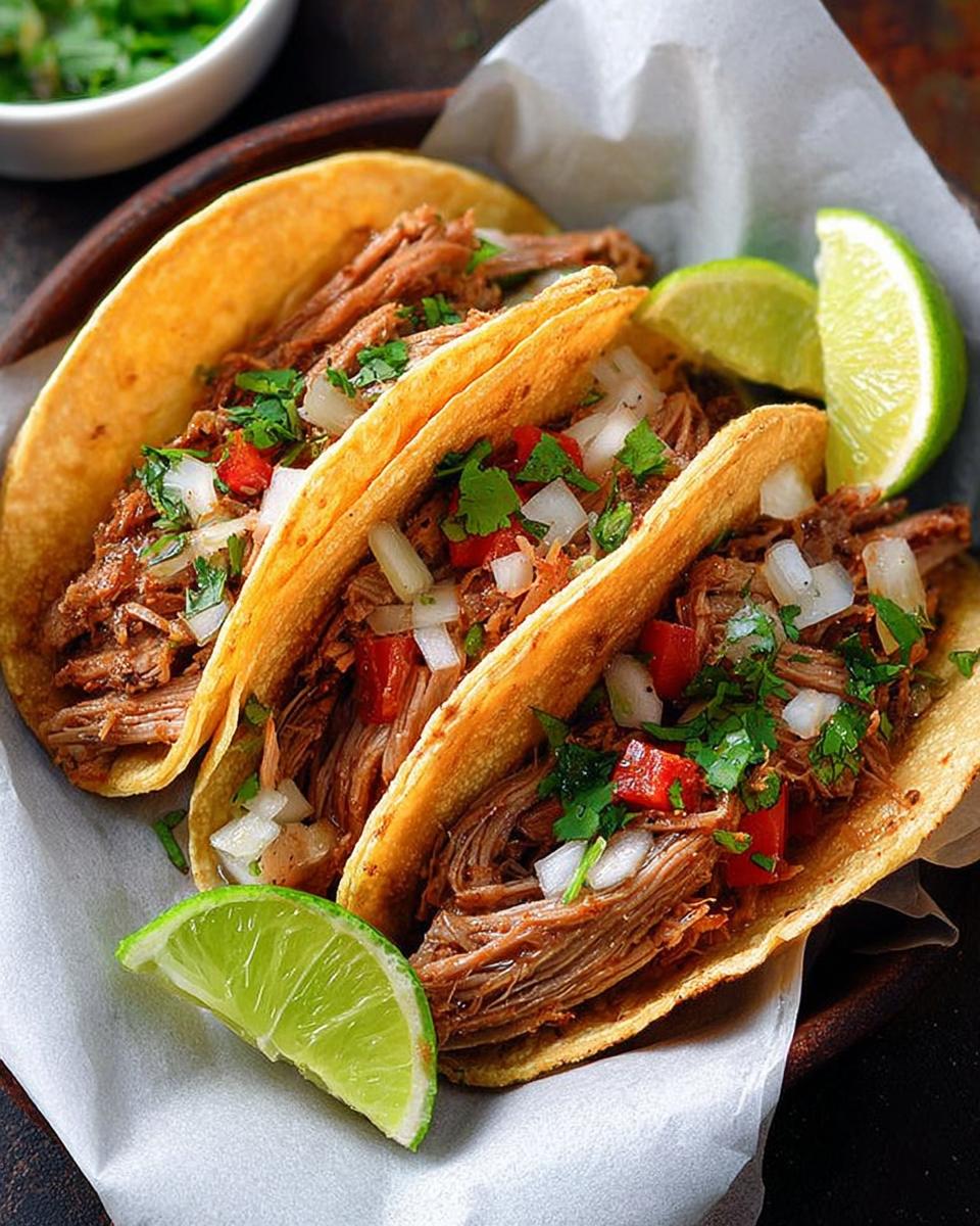 Three savory tacos filled with shredded meat, onions, cilantro, and peppers, perfect for Taco Tuesday Recipes in 15 Minutes.
