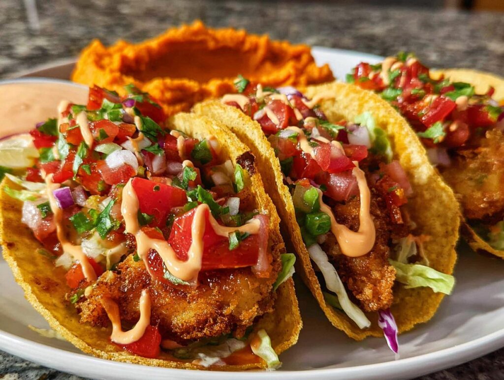 Three crispy tacos filled with fried fish, lettuce, pico de gallo, and a drizzle of sauce, served with mashed sweet potatoes.