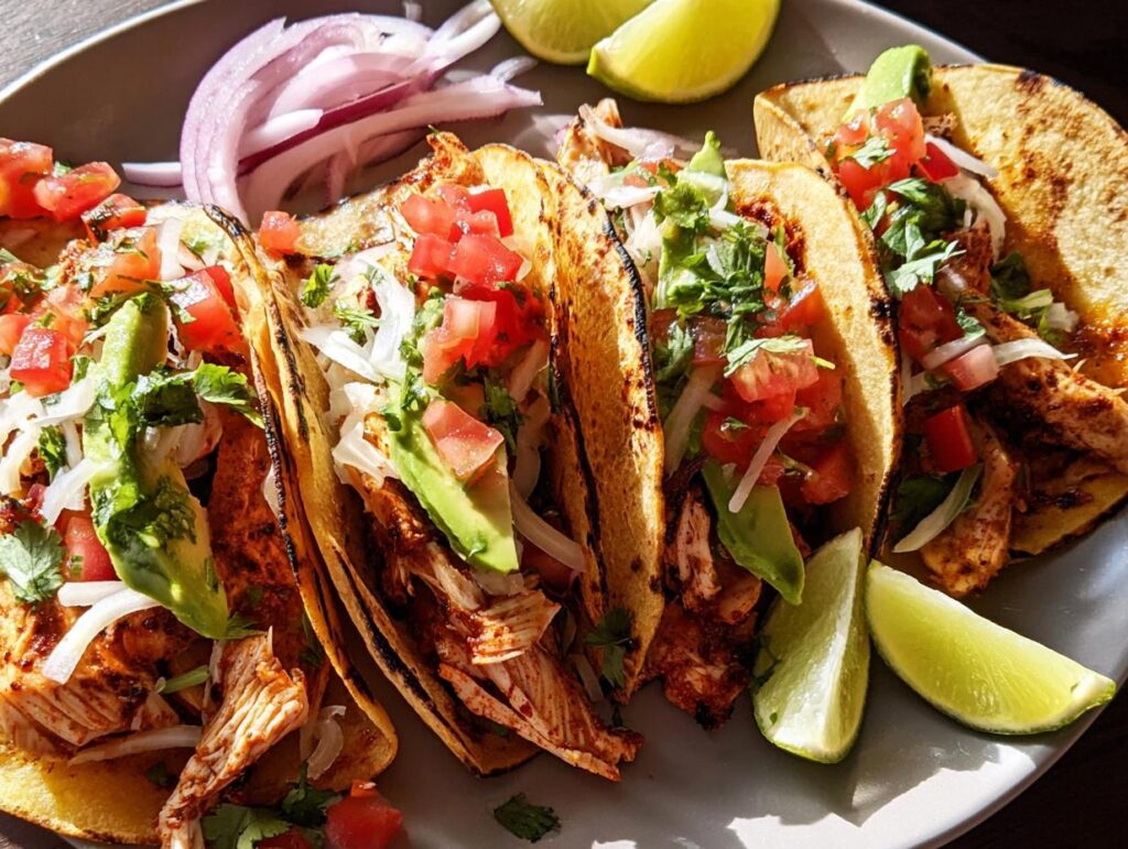 A plate of freshly prepared chicken tacos for Taco Tuesday Meal Prep, topped with avocado, tomato, onion, and cilantro, served with lime wedges.