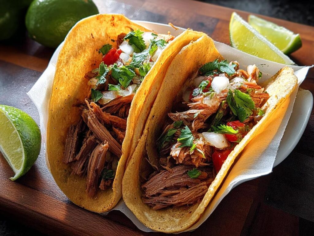 Two fully loaded shredded meat tacos with onion, cilantro, and tomato, served with lime wedges for Taco Tuesday.