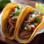 Two fully loaded shredded meat tacos with onion, cilantro, and tomato, served with lime wedges for Taco Tuesday.