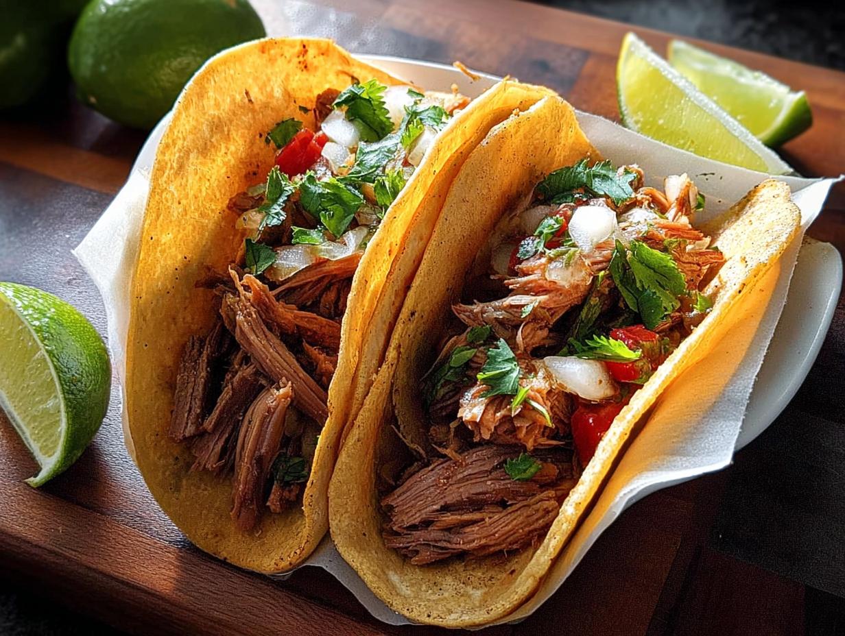 Two fully loaded shredded meat tacos with onion, cilantro, and tomato, served with lime wedges for Taco Tuesday.
