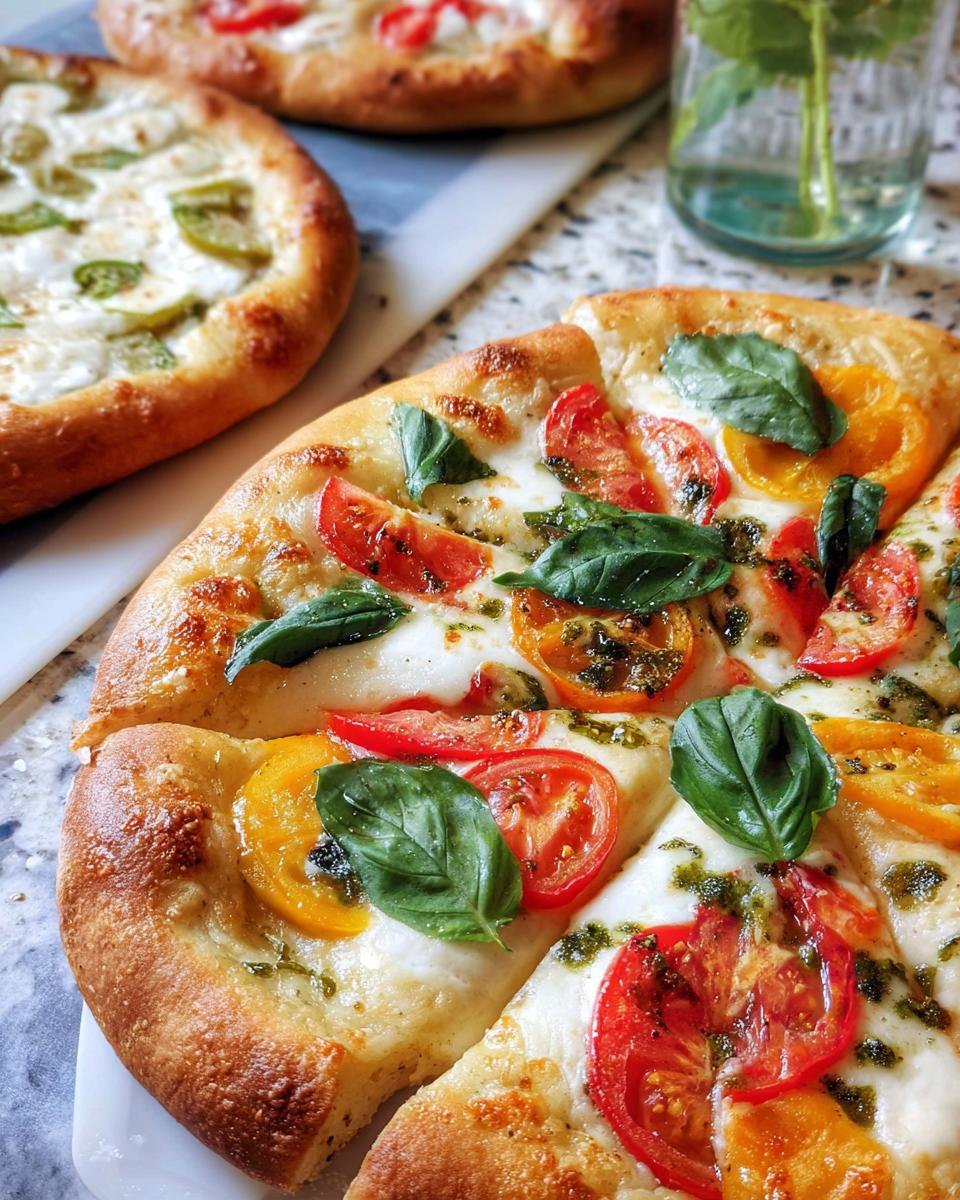 Close-up of a freshly baked pizza with tomato slices, fresh basil, and melted mozzarella, perfect for pizza night recipes.