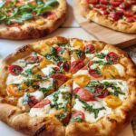 A delicious homemade tomato basil pizza, perfect for pizza night, with fresh mozzarella and vibrant cherry tomatoes.