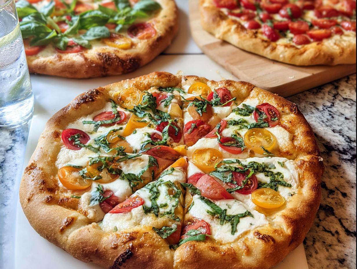 A delicious homemade tomato basil pizza, perfect for pizza night, with fresh mozzarella and vibrant cherry tomatoes.