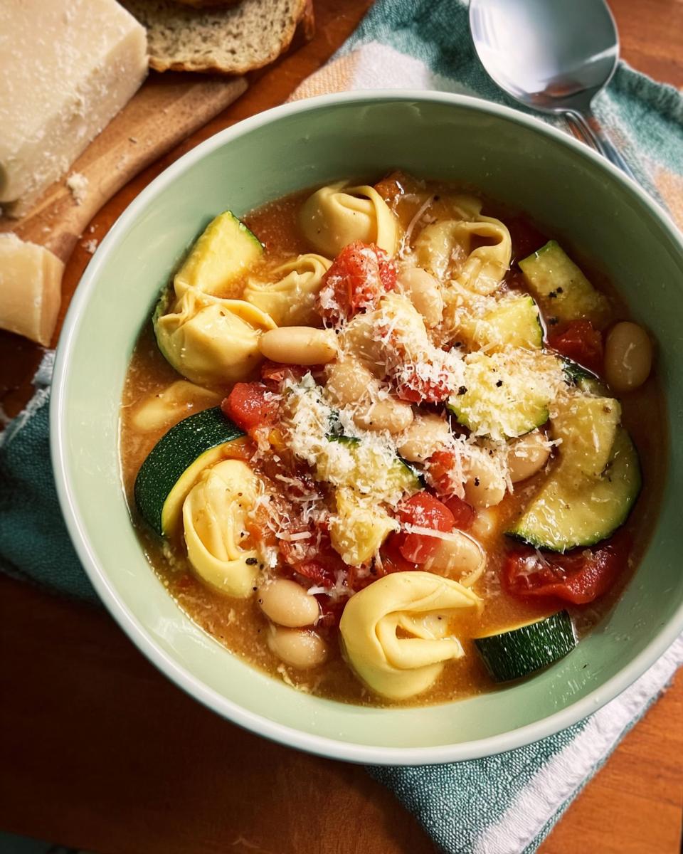 A delicious bowl of tortellini soup with cannellini beans, zucchini, and tomatoes, topped with grated parmesan cheese.