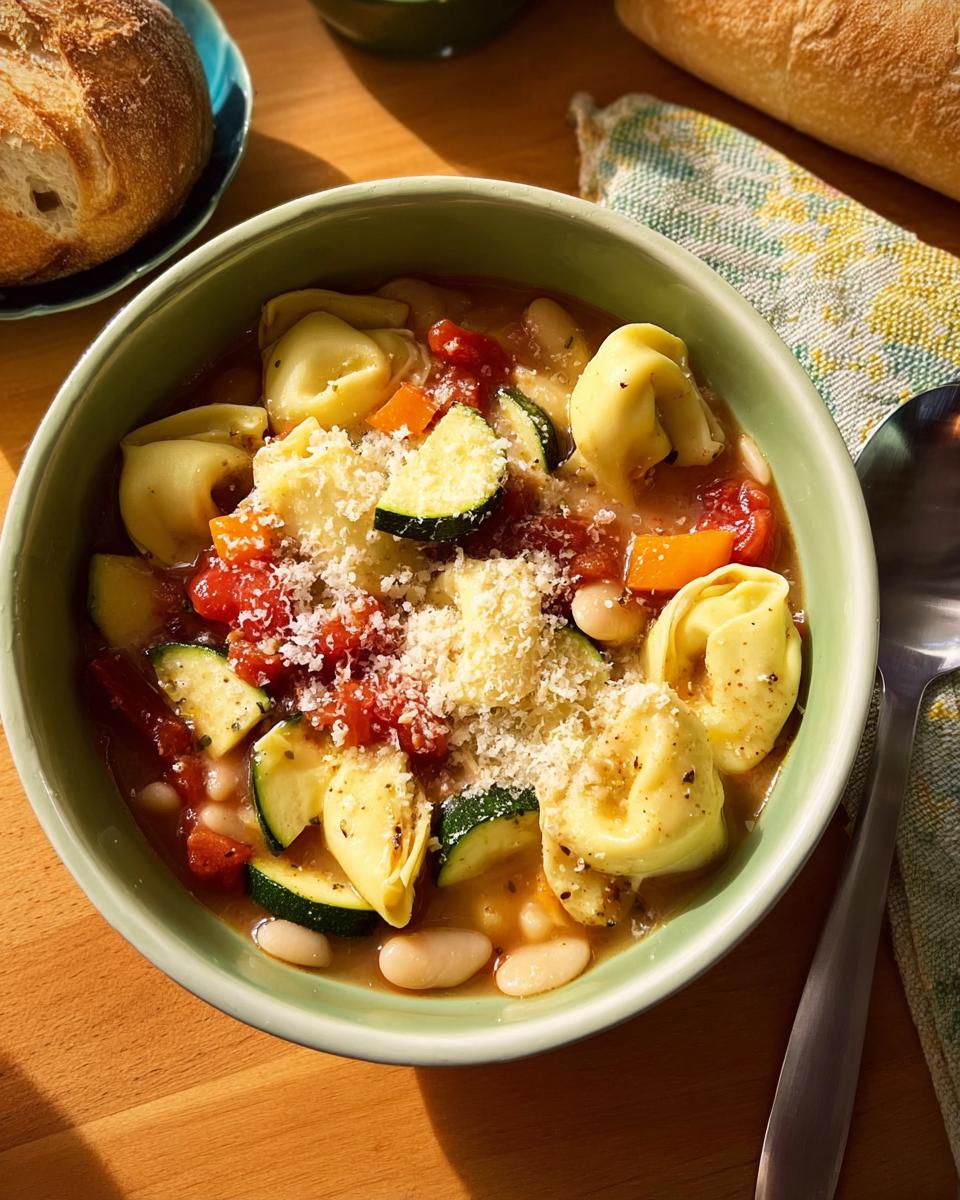 A bowl of tortellini soup with vegetables, beans, and cheese, perfect for busy weeknights.