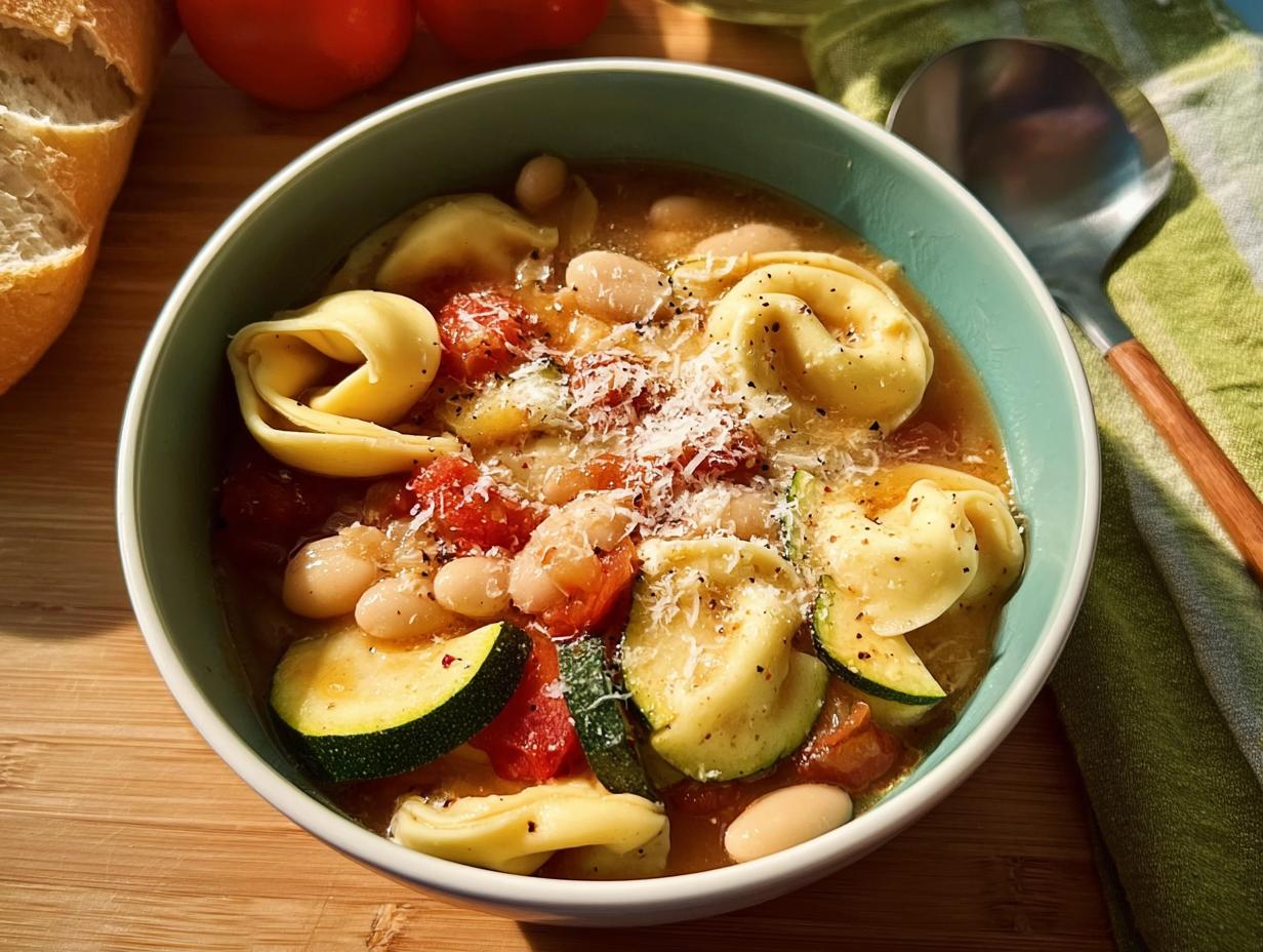 A steaming bowl of tortellini soup with white beans, zucchini, tomatoes, and cheese, perfect for busy weeknights.