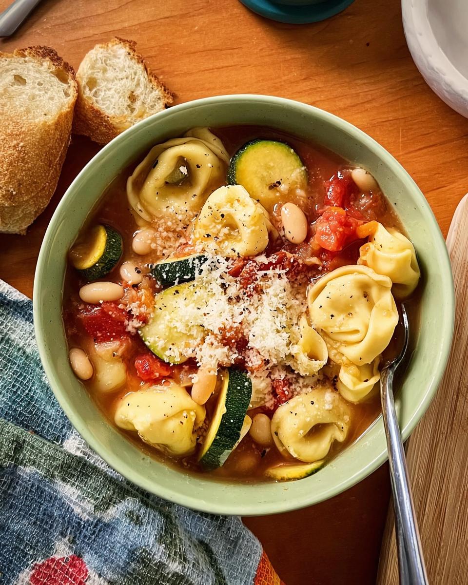 A bowl of tortellini soup with zucchini, white beans, and tomatoes, topped with parmesan cheese.