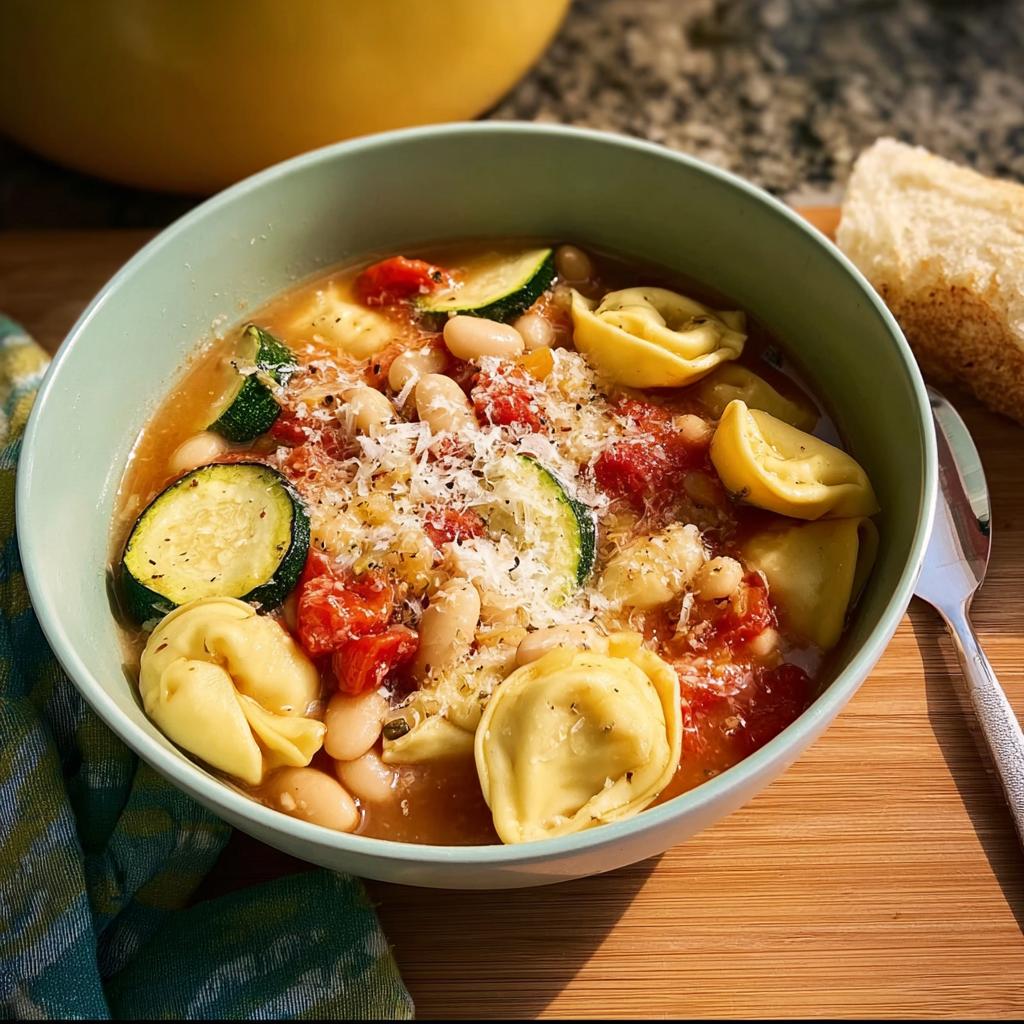 A bowl of tortellini soup with zucchini, white beans, and tomatoes, topped with parmesan cheese. One of 15 Genius Soup Recipes Ideas for Busy Weeknights.
