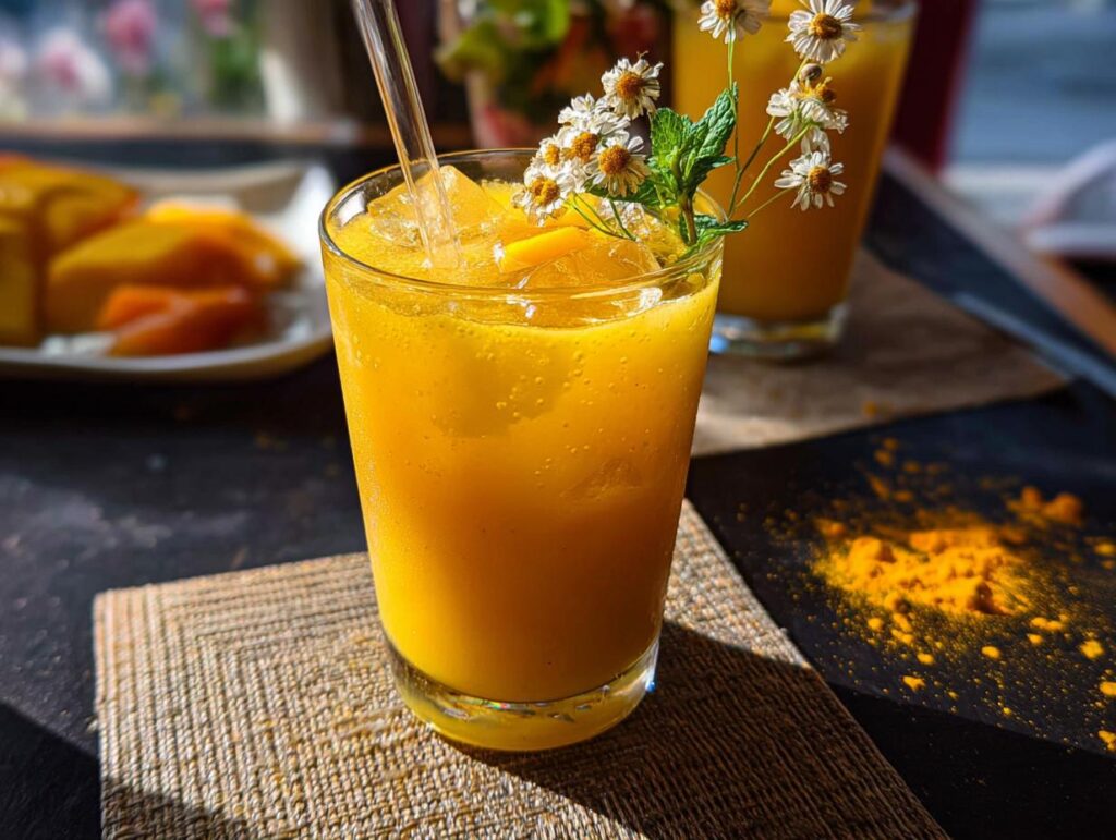A vibrant yellow turmeric drink with ice, garnished with mint and small white flowers, perfect for restaurant-style healthy meals recipes at home.