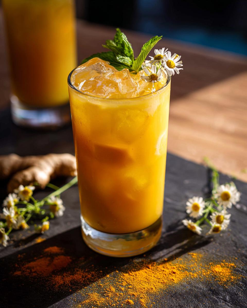 A vibrant golden turmeric ginger drink with ice, garnished with mint and chamomile flowers, perfect for restaurant-style healthy meals at home.