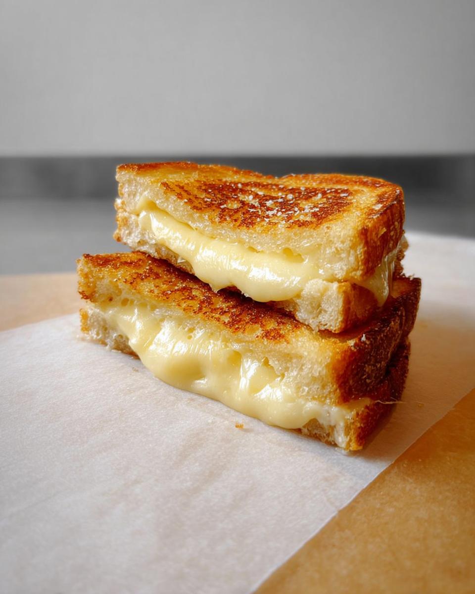 Two halves of a perfectly grilled cheese sandwich stacked, with gooey melted cheese oozing out.