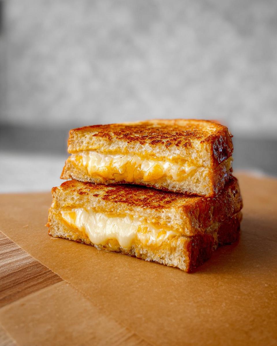 Two perfectly grilled cheese sandwiches stacked, with gooey melted cheese oozing out.