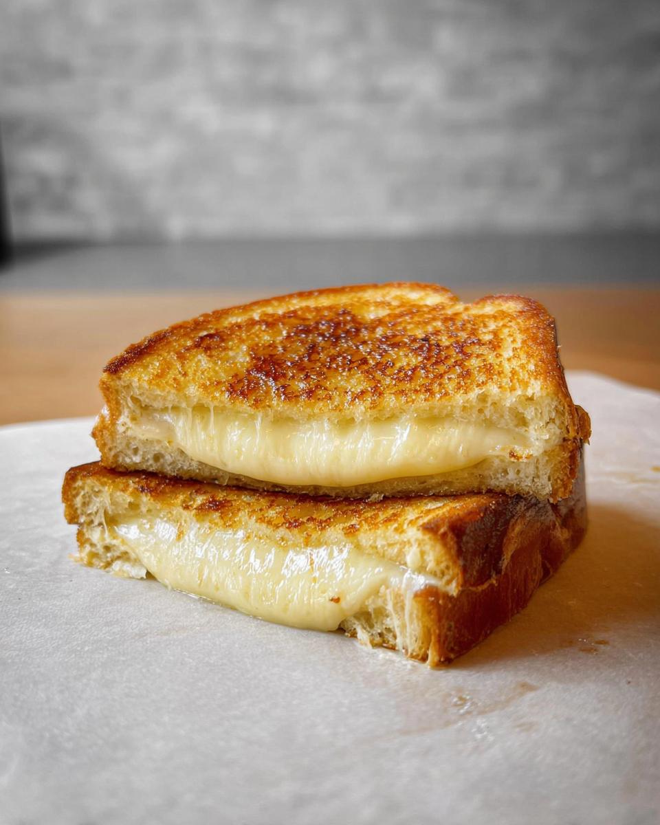 A close-up of a classic grilled cheese sandwich, cut in half, with gooey melted cheese oozing out.