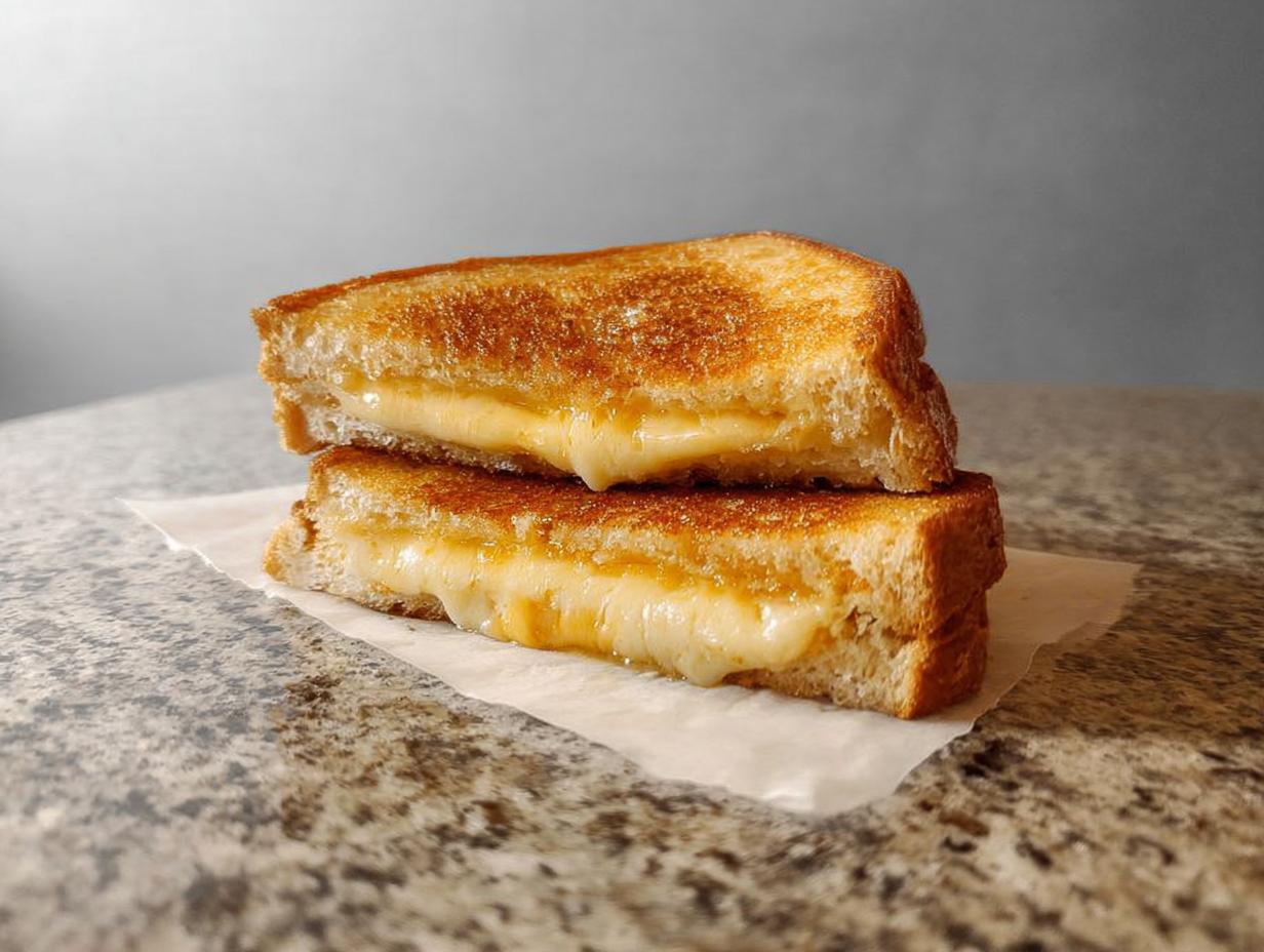 Two halves of a perfectly golden-brown grilled cheese sandwich, with melted cheese oozing out.