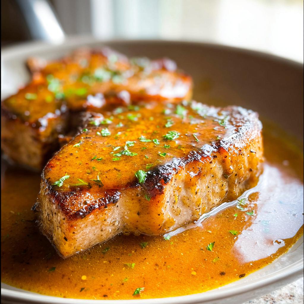 Close-up of two thick, juicy pork chops smothered in a rich, golden sauce and sprinkled with fresh parsley.
