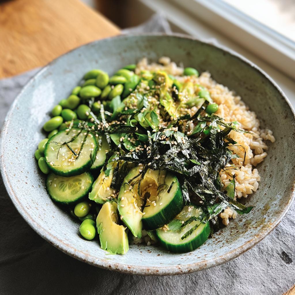 A vibrant and healthy rice bowl featuring brown rice, sliced avocado, cucumber, edamame, and seaweed. Part of The Ultimate Rice Bowls Recipes Guide.